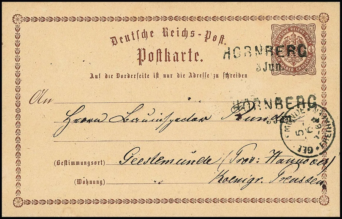 "Hornberg", L2 réutilisé sur carte entière écu 1/2 Gr. brun vers Geestemünde (au verso rare K2 hanovrien réutilisé "Geestemünde Freihafen"), usage rare de la carte Groschen en zone Kreuzer !