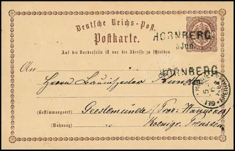 "Hornberg", L2 réutilisé sur carte entière écu 1/2 Gr. brun vers Geestemünde (au verso rare K2 hanovrien réutilisé "Geestemünde Freihafen"), usage rare de la carte Groschen en zone Kreuzer !