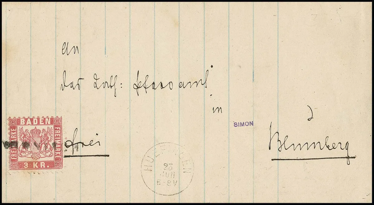 "Huefingen", vorphil. L1 als Entwertung und Neben-K1 auf Kabinettbrief 3 Kr., sign. Simon, Stegmüller