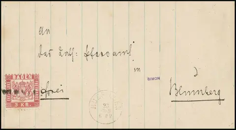 "Huefingen", L1 préphilatélique comme oblitération et K1 accessoire sur lettre de cabinet 3 Kr., signé Simon, Stegmüller