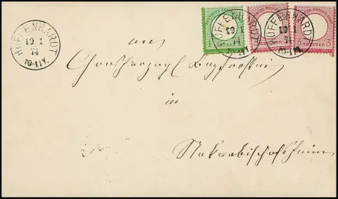 "Hüffenhardt", bon nouveau K1 d'agence clair sur lettre avec armoiries 1 Kr. vert et deux fois 3 Kr. rose, photo exp. Hennies (léger virage dans le champ gaufré du 1 Kr. insignifiant et non mentionné)