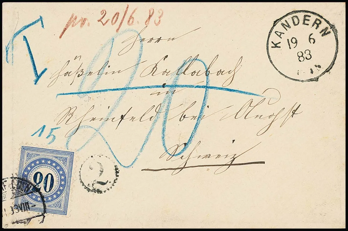 "Kandern", K1 1883 nebst Uhrrad "2" auf Grenzrayon-Couvert nach Rheinfelden/Schweiz mit Nachportomarke Schweiz 20 C. blau