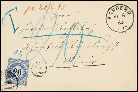 "Kandern", K1 1883 avec roue horaire "2" sur couvert de rayon frontalier vers Rheinfelden/Suisse avec timbre de poste restante Suisse 20 C. bleu
