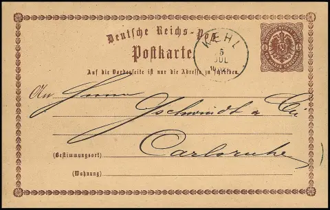"Kehl", K1 après administration sur carte entière au buste 1/2 Gr. brun vers Carlsruhe, usage rare de la carte Groschen en zone Kreuzer, écrite à Strasbourg