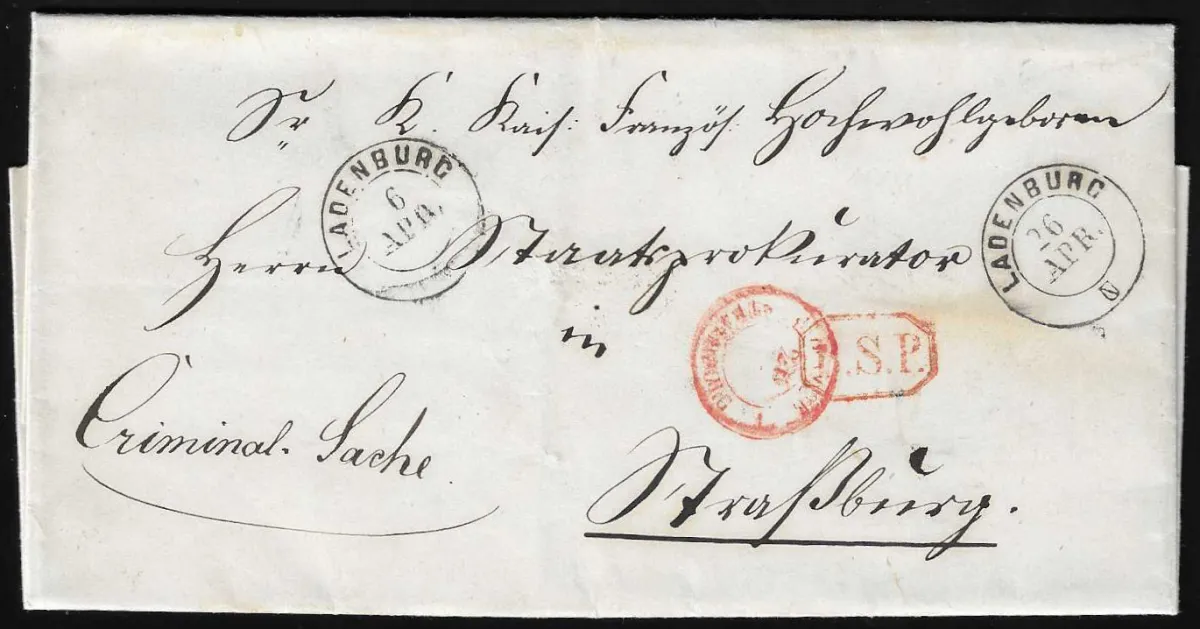 "Ladenburg", double K2 (des 6 et 26.4.1867) avec Ra1 rouge "B.S.P." sur lettre de service étrangère en franchise ("affaire criminelle") vers Strasbourg