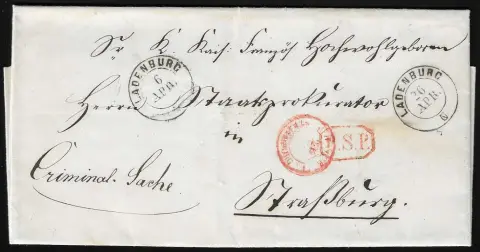 "Ladenburg", zweifacher K2 (v. 6. und 26.4.1867) nebst rotem Ra1 "B.S.P." auf portofreiem Auslands-Dienstbrief ("Criminal-Sache") nach Straßburg