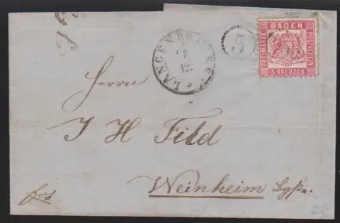 "Langenbrücken", K2 und Uhrradstempel "5" (als Markenentwertung) von Malsch-Malschenburg bzw. "6" (Mingolsheim) auf Brief bzw. Ganzsache 3 Kr.
