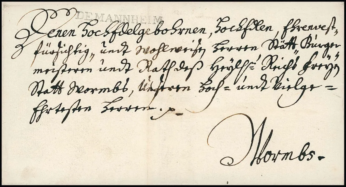 "Mannheim", 1724, L1 clair "DE MANNHEIM" (grand type) sur enveloppe décorative (mention présenté) pour Worms, usage précoce