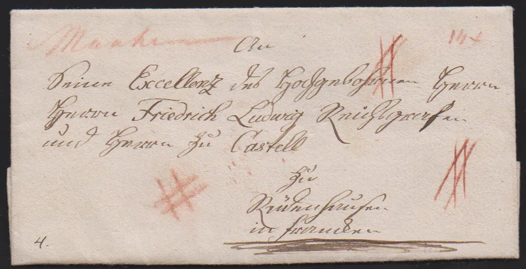 "Mannheim", 1724-1800, osiem wczesnych listów, w tym 1724 ff. pierwszy L1 "DE MANNHEIM" (3), "V. MANNHEIM" 1789, "VON MANNHEIM" 1800, odręczna adnotacja "Mhm." z tranzytem L1 "R:HAVSEN" 1785 na liście do Alzacji, oraz 1800 odręczna adnotacja czerwoną kredą