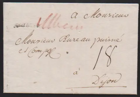 "Mannheim", 1783, hs. Rötel-Aufgabe "Mheim" auf Auslandsbrief nach Dijon