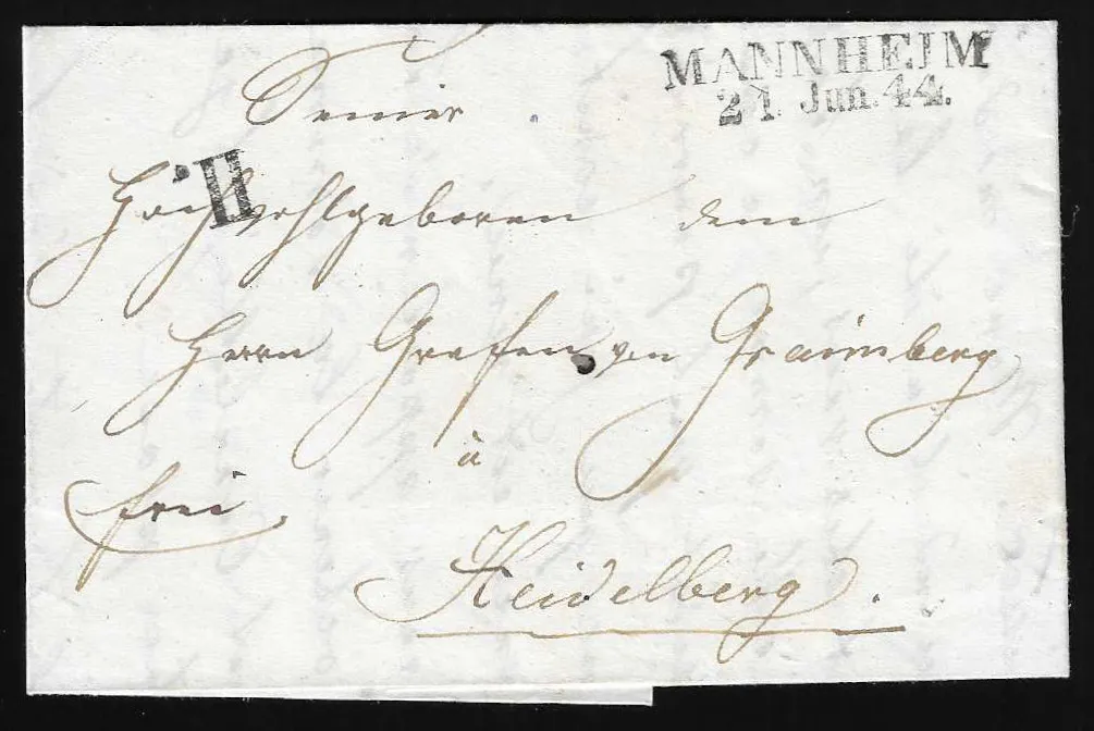 "Mannheim", 1844, L2 et cachet de bureau de recette "II" sur lettre de luxe pour Heidelberg