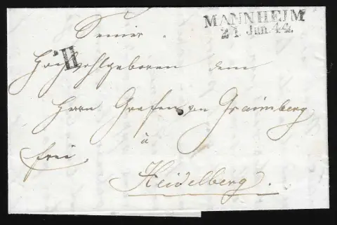 "Mannheim", 1844, L2 und Briefsammlungs-Annahmestempel "II" auf Luxusbrief nach Heidelberg