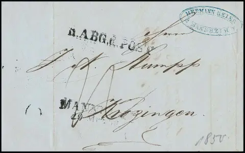 "Mannheim", 1850, L2 und seltener L1 "N. ABG. d. POST" auf gef. Brief nach Krotzingen