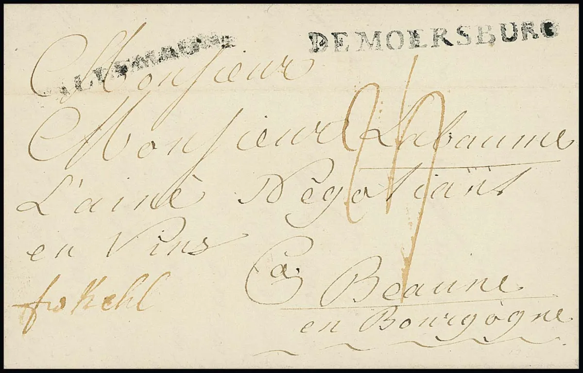 "Meersburg", 1782, premier L1 "DE MOERSBURG" en usage précoce rare (Feuser 300,-) sur lettre pour l'étranger vers Beaune, avec L1 "ALLEMAGNE"