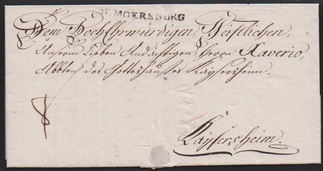 "Meersburg", 1801, list z L1 "DE MOERSBURG", wewnątrz dekoracyjny arkusz i własnoręczny podpis Carla Theodora biskupa Konstancji i księcia Moguncji