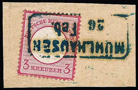 "Mühlhausen", nachverw. blauer Billet-Ra2 klar und voll auf Prachtbriefstück 3 Kr. kleines Brustschild