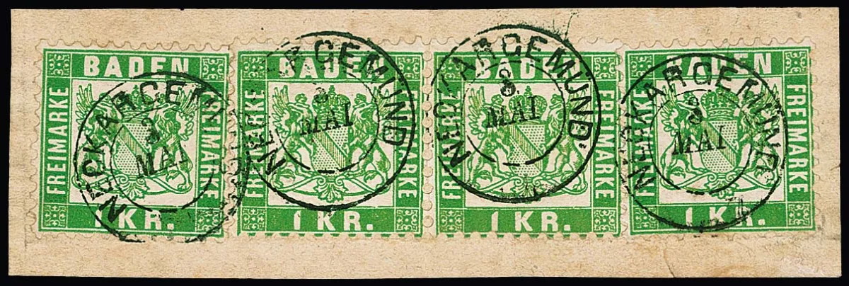 "Neckargemünd", K2 auf Kabinettbriefstück mit viermal 1 Kr. grün, sowie in blau auf Briefstück mit Dreierstreifen 3 Kr. rosa