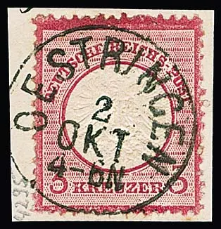 "Oestringen", klarer nachverw. K1 auf Briefstück 3 Kr. gr. Brustschild (ein kurzer Zahn)