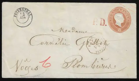 "Petersthal", K2 auf Pracht-Ganzsache 9 Kr. rötlichbraun 1871 nach Plombieres/Vogesen