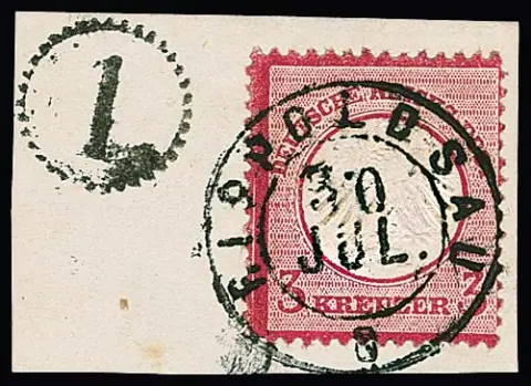 "Rippoldsau", nachverw. K2 und Uhrradstempel "1" auf Kabinettbriefstück mit 3 Kr. kl. Brustschild