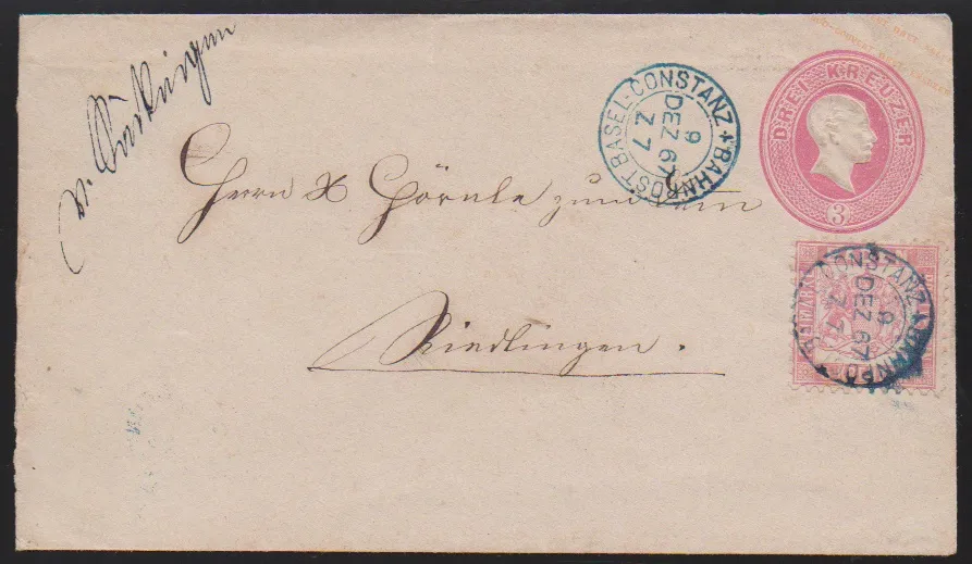 "Säckingen", handwritten railway mail dispatch, with blue train K2 "Basel-Constanz", on postal stationery 3 Kr. pink (opened slightly unevenly on left) with ZuF 3 Kr. pink