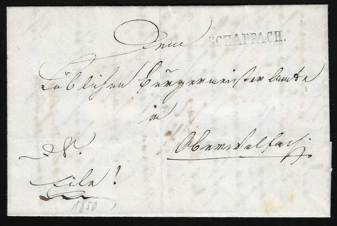 "Schappach", 1850/54, each clear L1 in black or blue on two superb letters