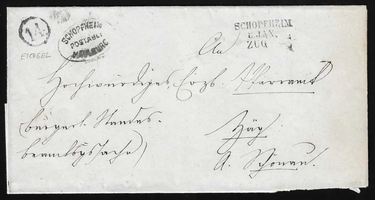 "Schopfheim-Zug", Bahnpost-L3, nebst Uhrradstempel "14" (Eichsel) und Postablage "Schopfheim-Maulburg" auf Brief 1868, sowie Briefstück 3 Kr.