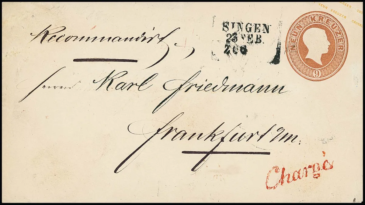 "Singen-Zug", lepszy stempel poczty kolejowej L3 na całostce poleconej 9 Kr. czerwono-brązowej do Frankfurtu, typowe ślady użytkowania