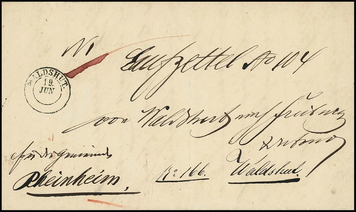"Waldshut", 1853, K2 on rare complete "Laufzettel" to Freiburg and back