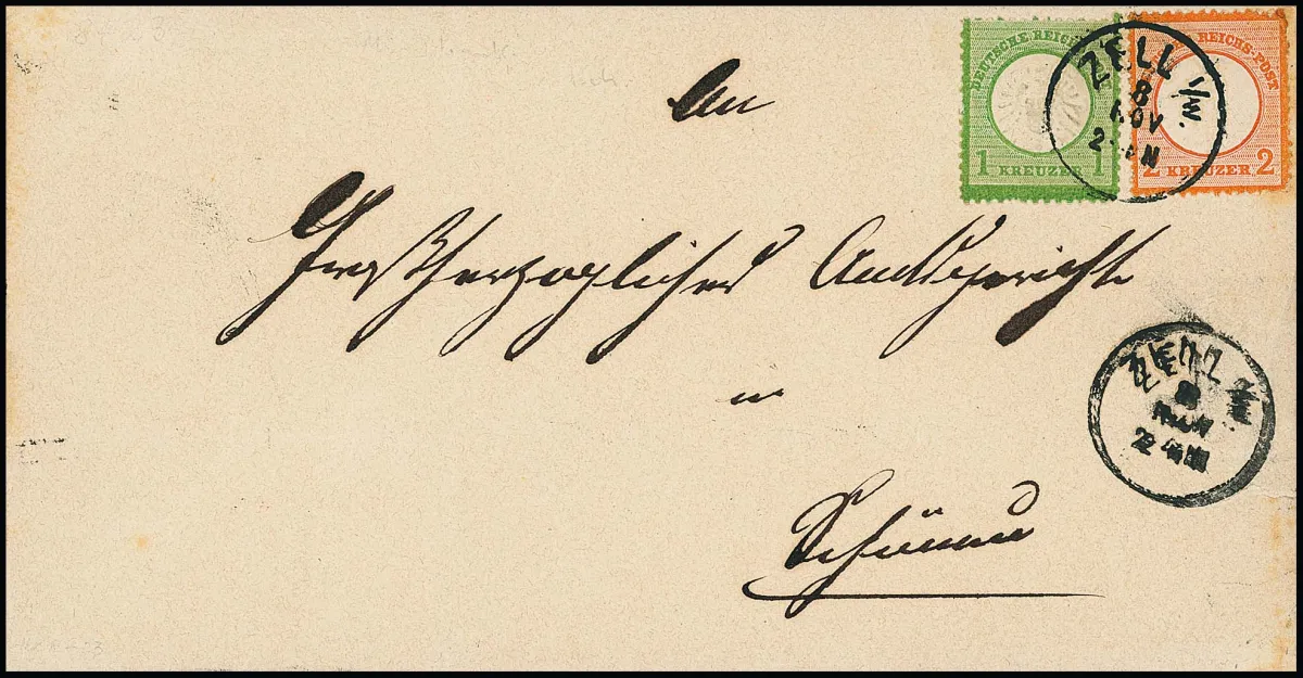 "Zell i.W.", clear post-used K1 on letter with 2 Kr. small and 1 Kr. large Brustschild, min. Mgl.