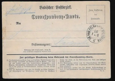 Feldpost, "Gr. Bad. Feldostexpedition" (mit Wappen), K2 auf vorgedruckter Correspondenz-Karte nach Karlsruhe, Karte übliche Gebrauchserhaltung mit Mittelfalte