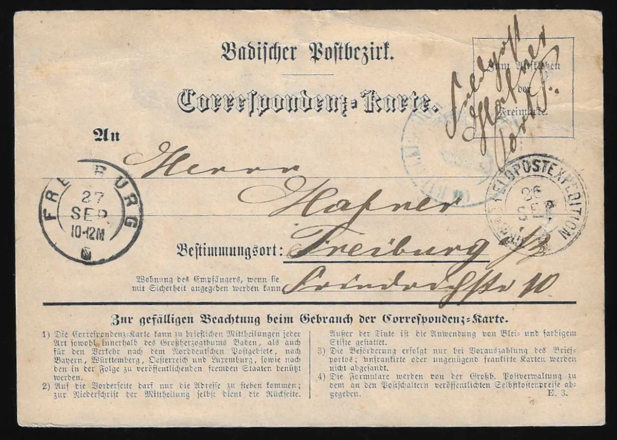 Feldpost, (1870), K2 "GR. BAD. FELDPOSTEXPEDITION 26/9" with troop stamp on Feldpost correspondence card to Freiburg
