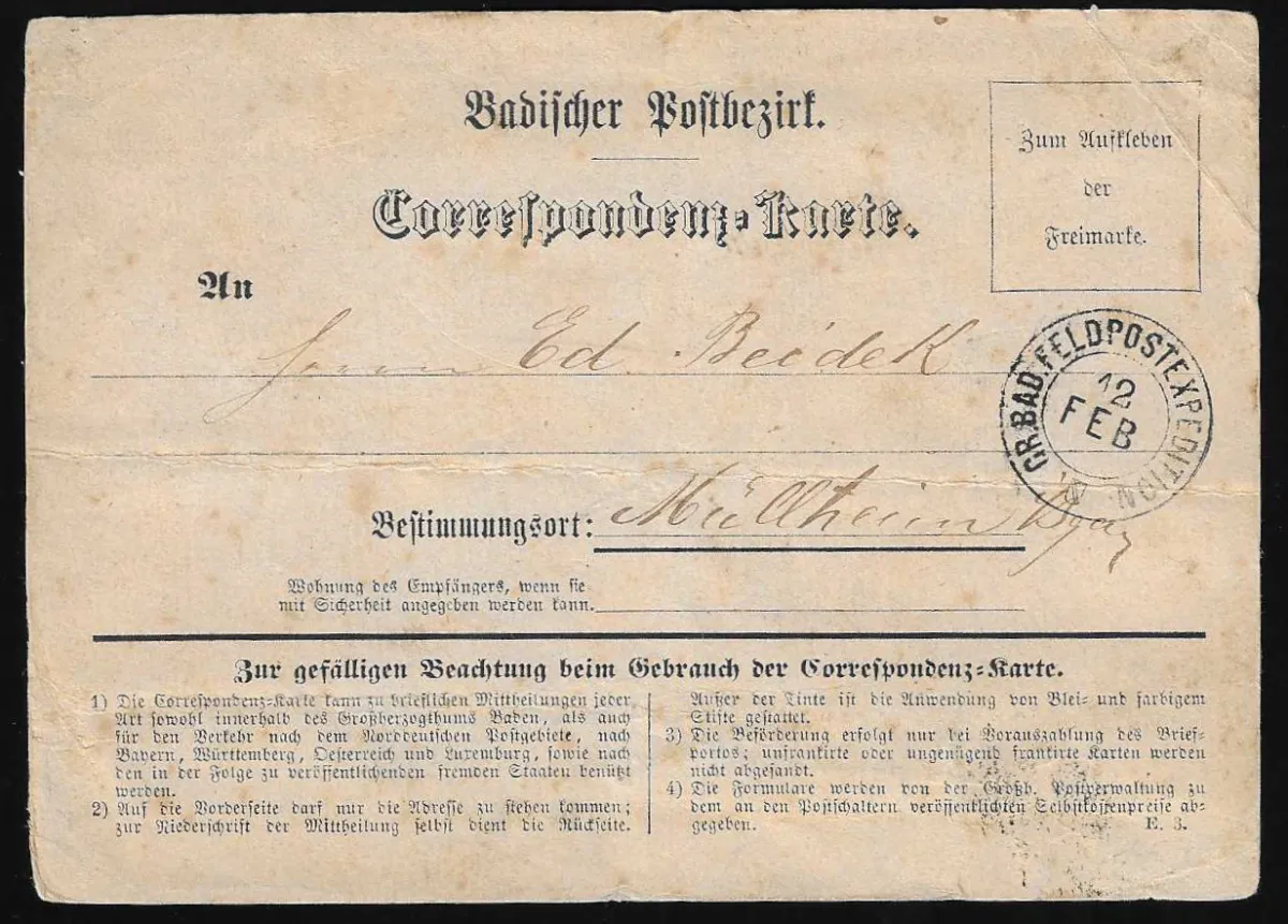 Field post, 1870/71, each K2 "Gr. Bad. Feldpostexpedition", one with blue troop stamp, on two field post correspondence cards (heavy signs of use), one from St. Vith