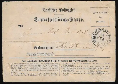 Feldpost, 1870/71, je K2 "Gr. Bad. Feldpostexpedition", einmal nebst blauem Truppenstempel, auf zwei Feldpost-Correspondenzkarten (stärkere Gebrauchsspuren),…