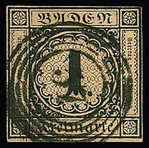 1 Kr. schw./sämisch, allseits voll- bis breitrandiges Kabinettstück mit NS "57" (Heidelberg), sign. mit Attest Pfenninger. Mi. 1000,-