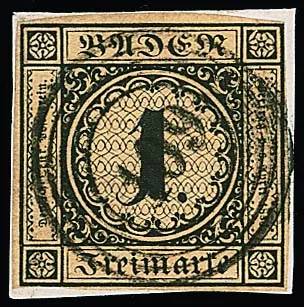 1 Kr. black/red, full to wide-margined on all sides, on cabinet letter piece with nicely centered NS "109" (Pforzheim), certificate Flemming. Mi. 1000,- +