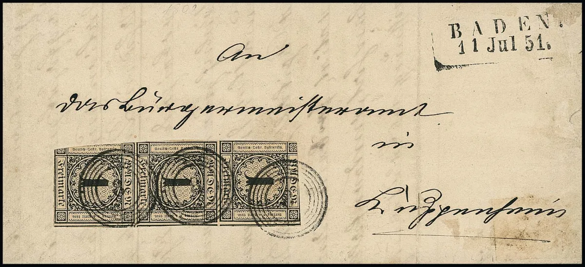 1 Kr. schw./sämisch, senkrechter Dreierstreifen, teils berührt bzw. angeschnitten, siehe Foto, mittlere Marke mit natürlichen Aufklebefältchen, auf Brief mit…
