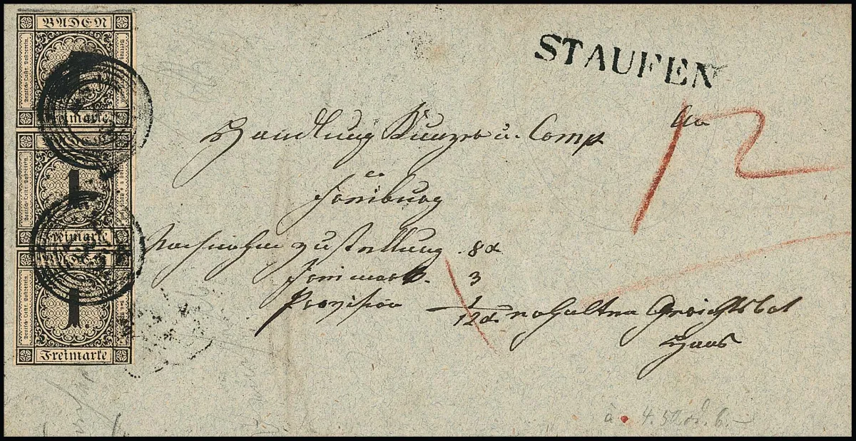 1 Kr. černá/plavá, svislý pruh tří, částečně dotčený na jedné straně, na dopise s NS "135" a L1 "Staufen" 1852. Mi. 5000,-