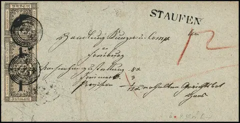 1 Kr. schw./sämisch, senkrechter Dreierstreifen, teils einseitig berührt, auf Brief mit NS "135" und L1 "Staufen" 1852. Mi. 5000,-