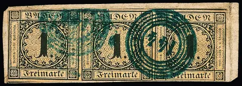 1 Kr. schw./sämisch, ausgabetypisch geschnittener, teils auch überrandiger Dreierstreifen auf Briefstück mit hierauf besseren blauen NS "144" (Thiengen), Mi.…