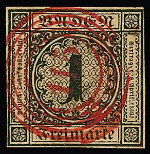 1 Kr. schw./bräunlich, gut gerandetes Kabinettstück mit besserem rotem NS "115" (Rastatt)