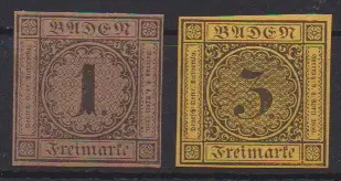 1 Kr. brun foncé et 3 Kr. jaune foncé, réimpressions neuves de 1866, signées Stegmüller et Bühler. Mi. 270,-