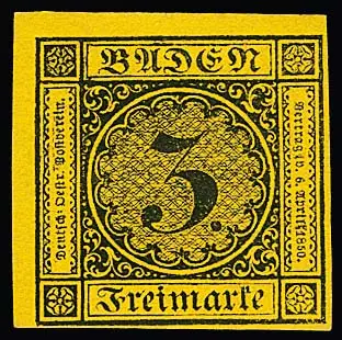 1 Kr. brun foncé (3), 3 Kr. jaune foncé (2, un coin de feuille en haut à gauche) et 6 Kr. vert, papier carton, réimpressions neuves de 1866. Mi. 725,-
