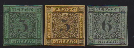 3 Kr. jaune-orange et sur vert ainsi que 6 Kr. vert, trois réimpressions impeccables, deux signées (Stegmüller et Englert). Mi. 360,-