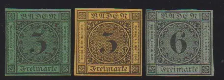 3 Kr. jaune-orange et sur vert ainsi que 6 Kr. vert, trois réimpressions impeccables, deux signées (Stegmüller et Englert). Mi. 360,-