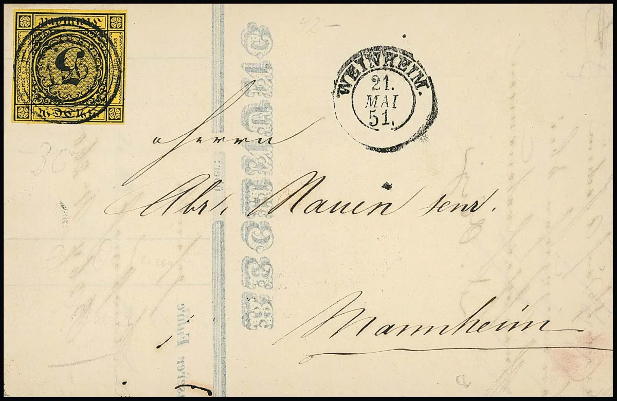 3 Kr. dark yellow, wide margins, on cabinet invoice letter with clear NS "156" and K2 "Weinheim" dated 21 May 1851 (from the month of issue!)
