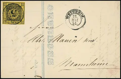 3 Kr. jaune foncé, larges marges, sur lettre de facture de cabinet avec NS clair "156" et K2 "Weinheim" du 21 mai 1851 (du mois d'émission !)