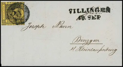 3 Kr. jaune foncé, coupé en haut, sur lettre avec L2 de départ "Villingen" 1851 pour Kleinlaufenburg. Timbre curieusement oblitéré à l'arrivée avec NS "71" de Kleinlaufenburg