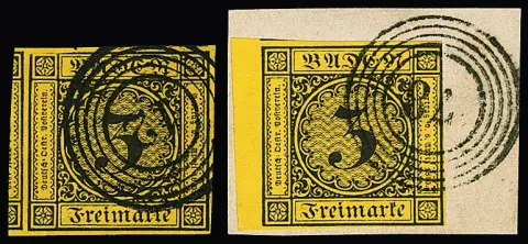 3 Kr. brun foncé/jaune foncé, onze pièces choisies, certaines de luxe avec oblitérations claires, dont de belles lettres, pièces à grandes marges, etc.