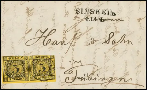 3 Kr. brun foncé/jaune foncé en paire du coin inférieur gauche de la feuille, plis naturels de collage et timbre de droite coupé en haut, sur lettre de Sinsheim à…